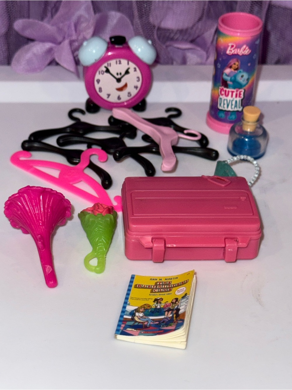 Barbie Mattel accessories clock bouquet book hangers bottle etc